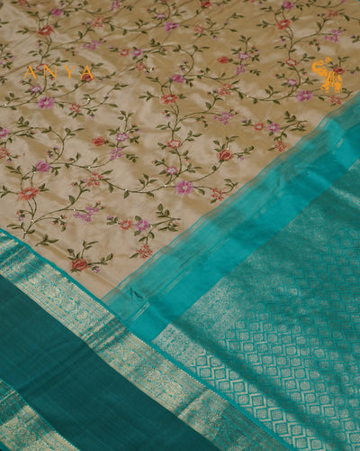 Off White Kanchi Silk Saree with Floral Embroidery Design