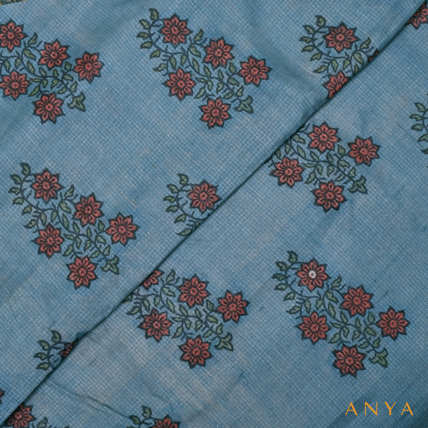 Indigo Blue Tussar Silk Fabric with Kalamkari Print Design