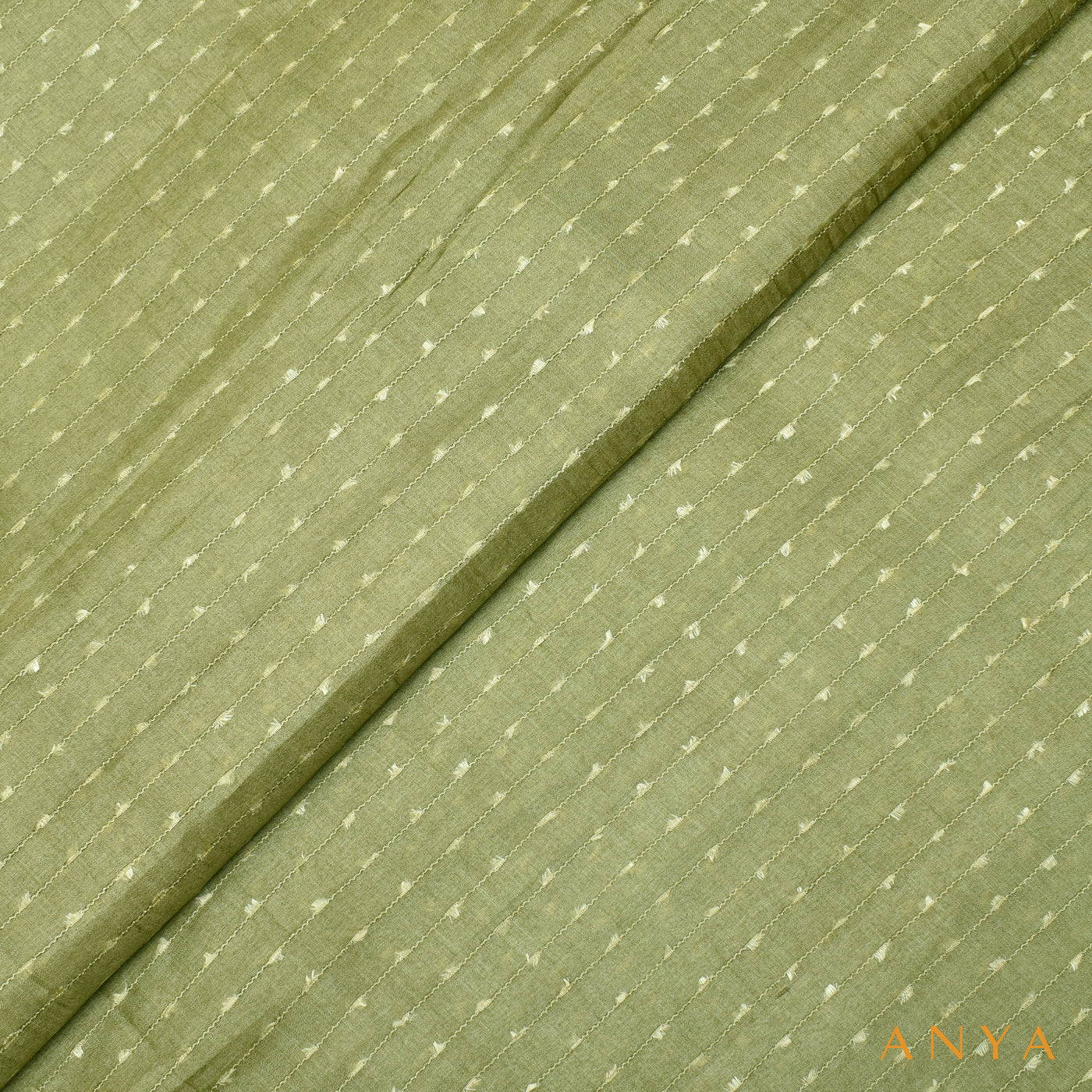 Elaichi Green Tussar Silk Fabric with Thread Lines Design