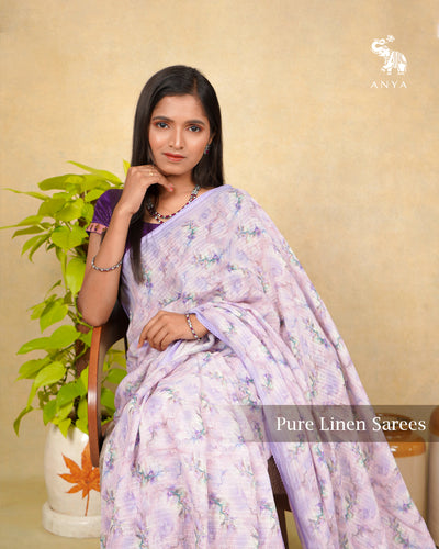 Lavender Linen Saree with Printed Design