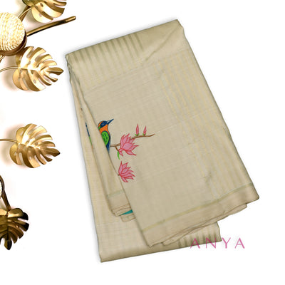 Off White Hand Painted Kanchi Silk Saree with Bird Painted and Zari Box Design