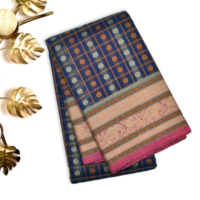 Ms Blue Kanchi Cotton Saree with Flower Kattam Design
