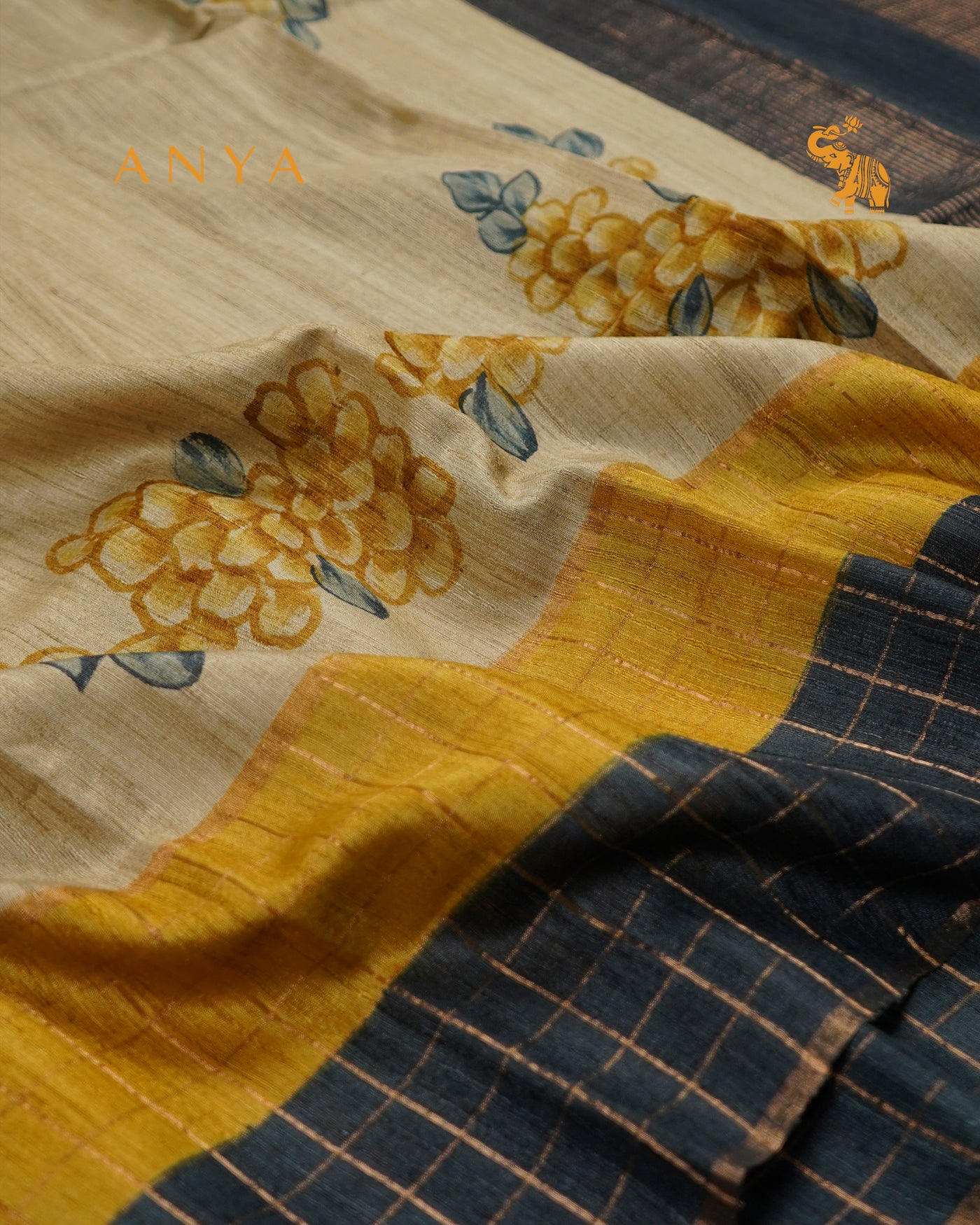 Off White Tussar Silk Saree with Floral Print Design