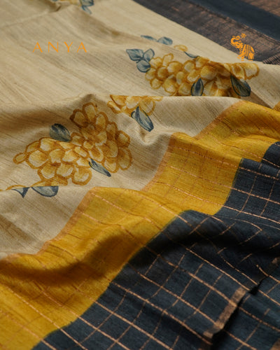 Off White Tussar Silk Saree with Floral Print Design