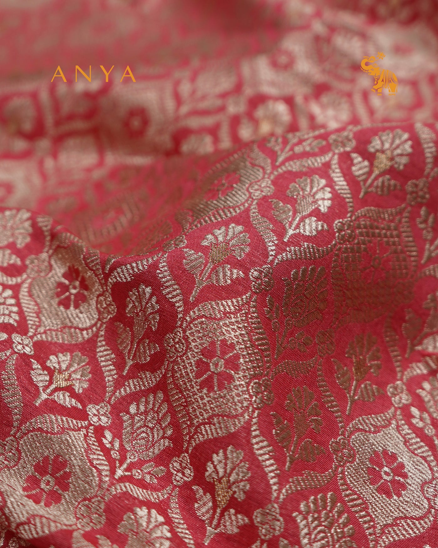 Peach Banarasi Silk Fabric with Floral Butta Design