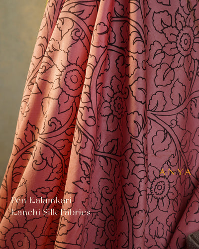 Onion Pink Pen Kalamkari Kanchi Silk Fabric