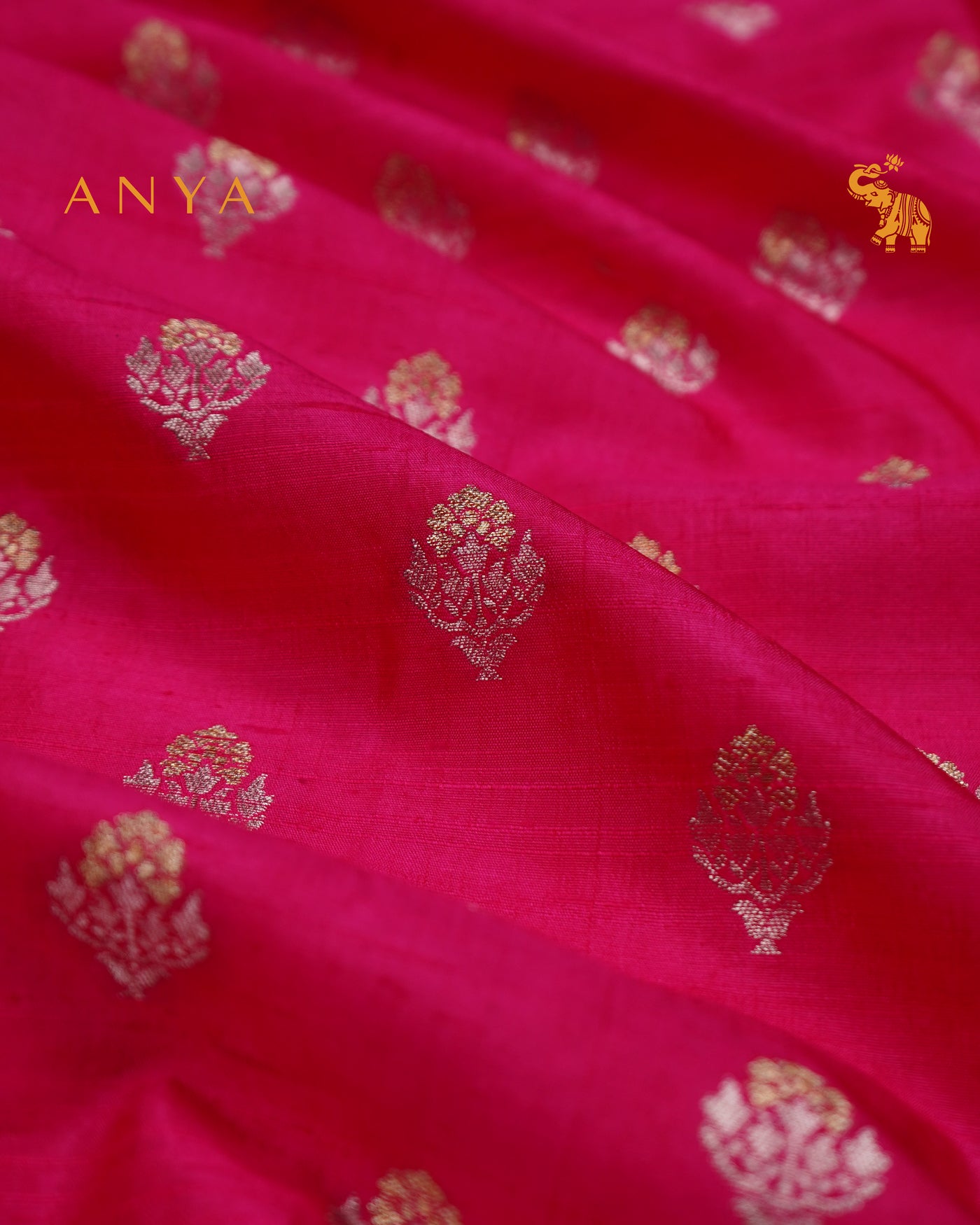 Rani Pink Banarasi Tussar Raw Silk Fabric with Flower Butta Design