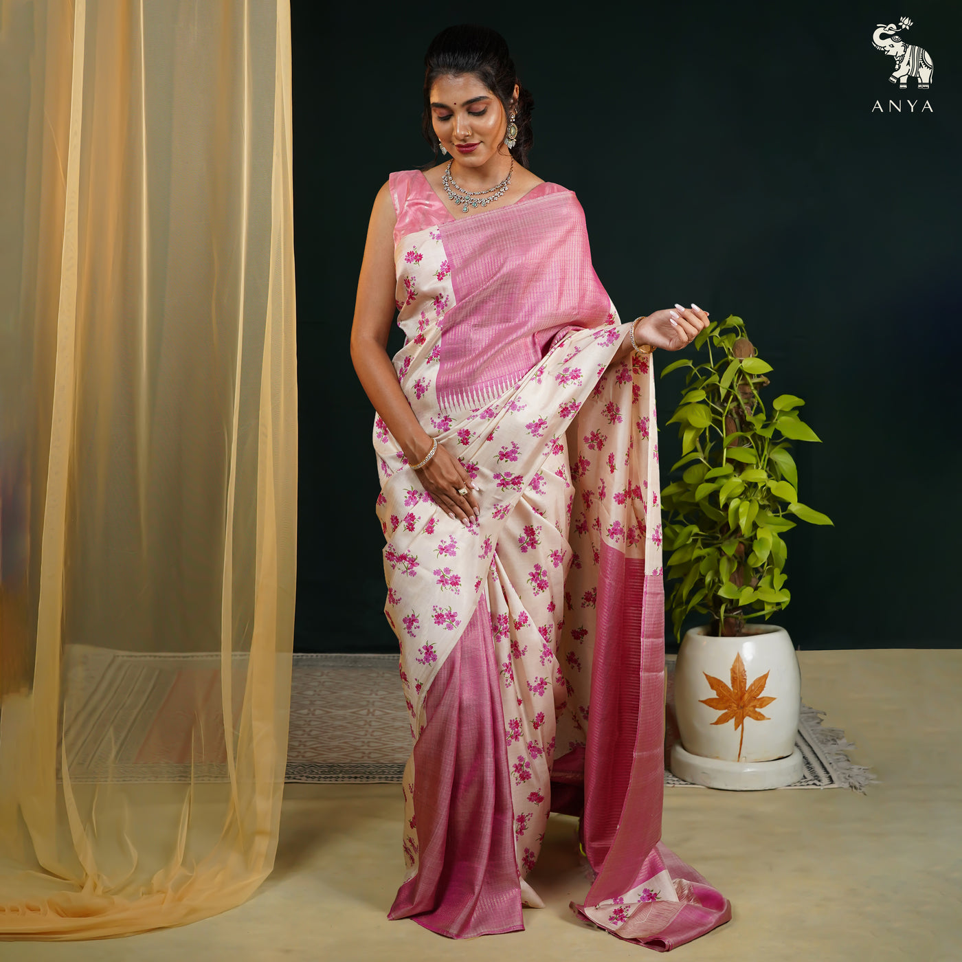Off White Printed Kanchi Silk Saree with Small Floral Print Design