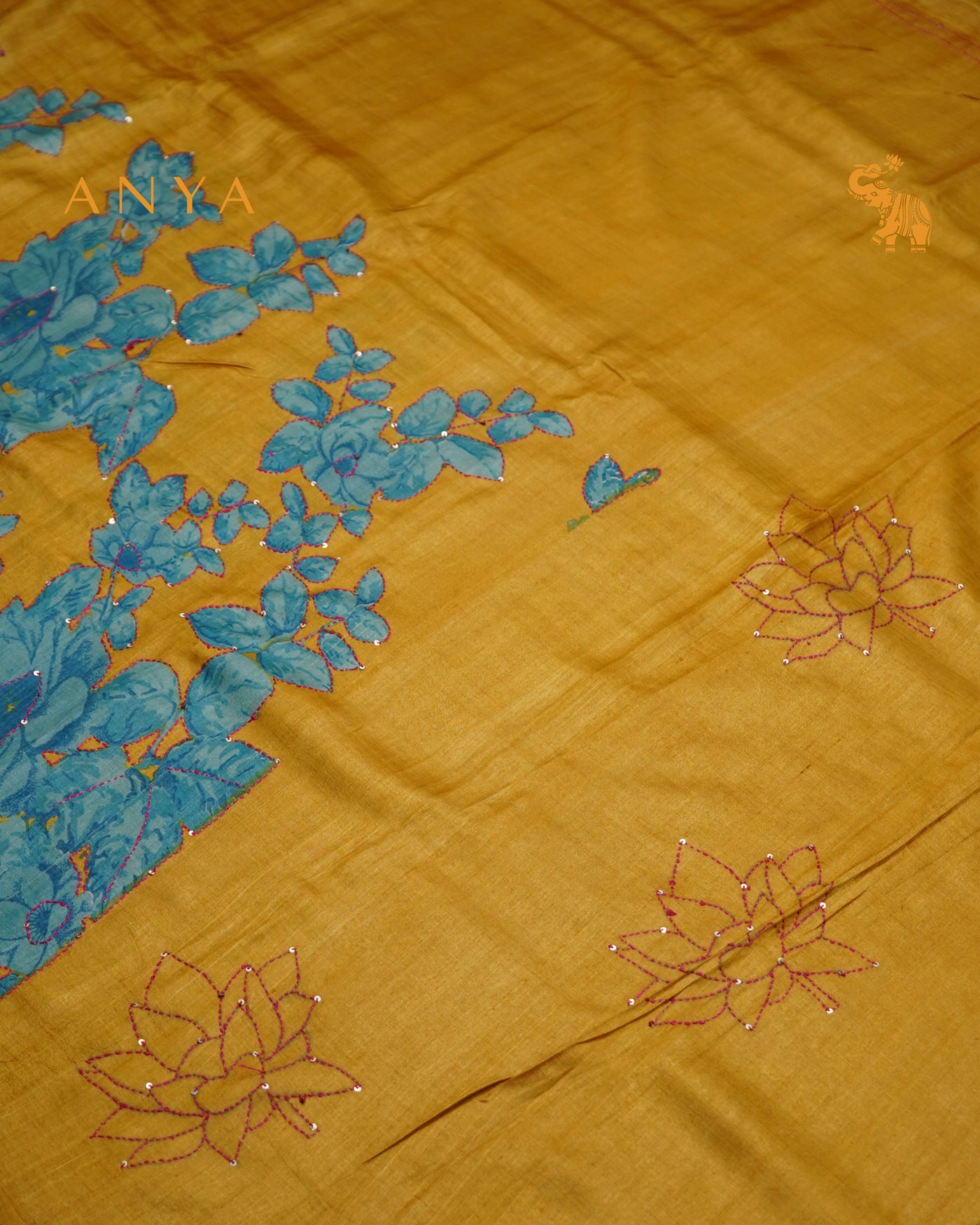 Mustard Tussar Silk Saree with Floral Kantha Work Design