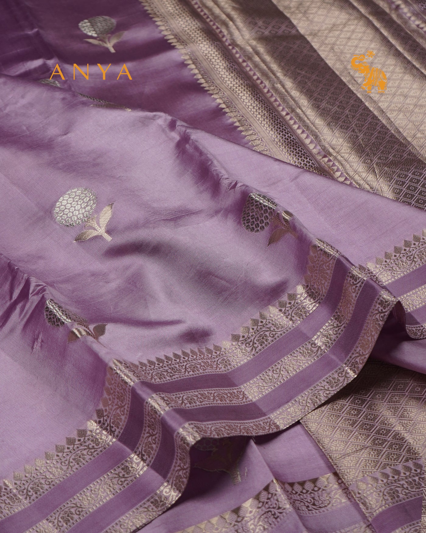 Lavender Satin Silk Banarasi Saree with Floral Zari Motifs Design