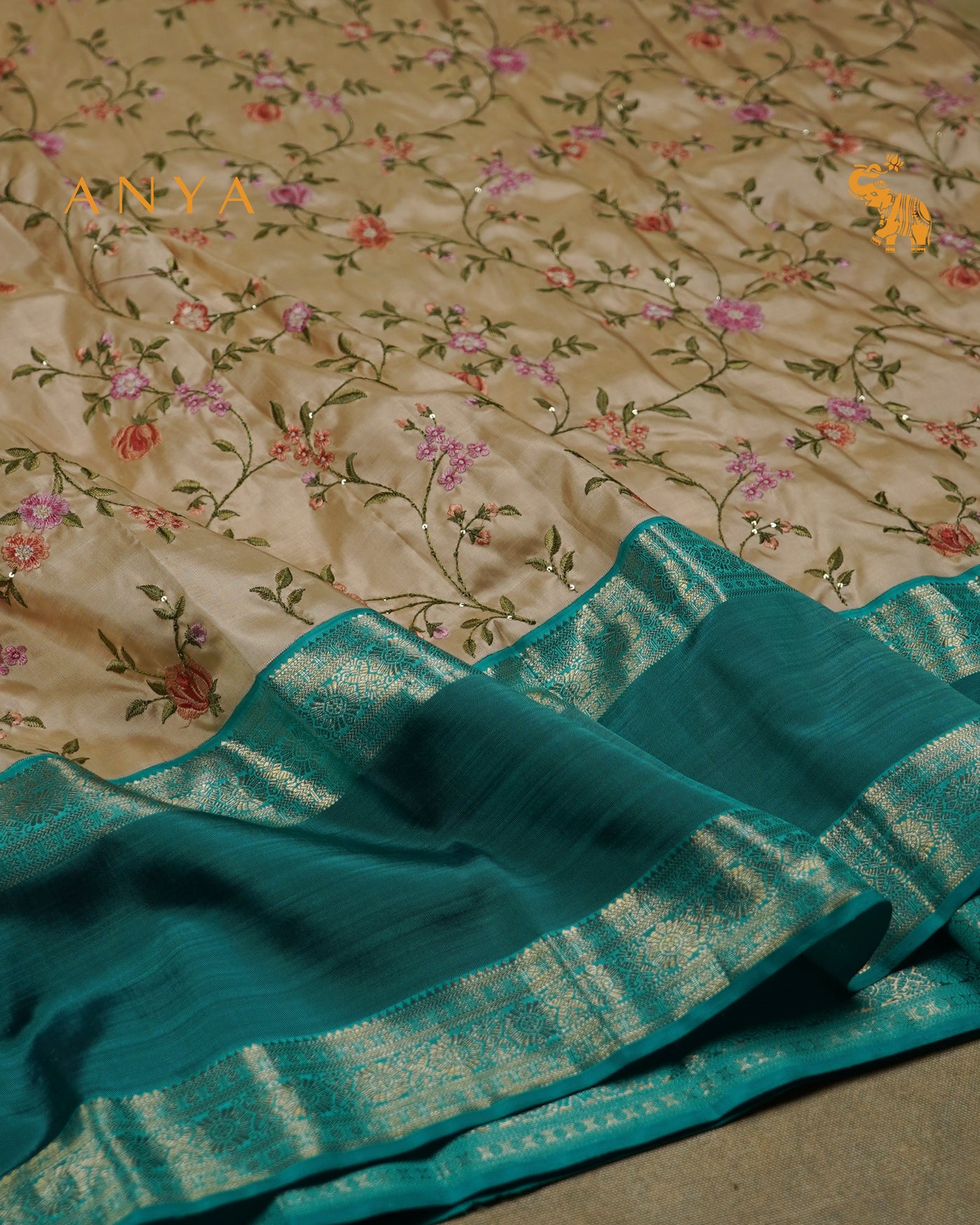 Off White Kanchi Silk Saree with Floral Embroidery Design