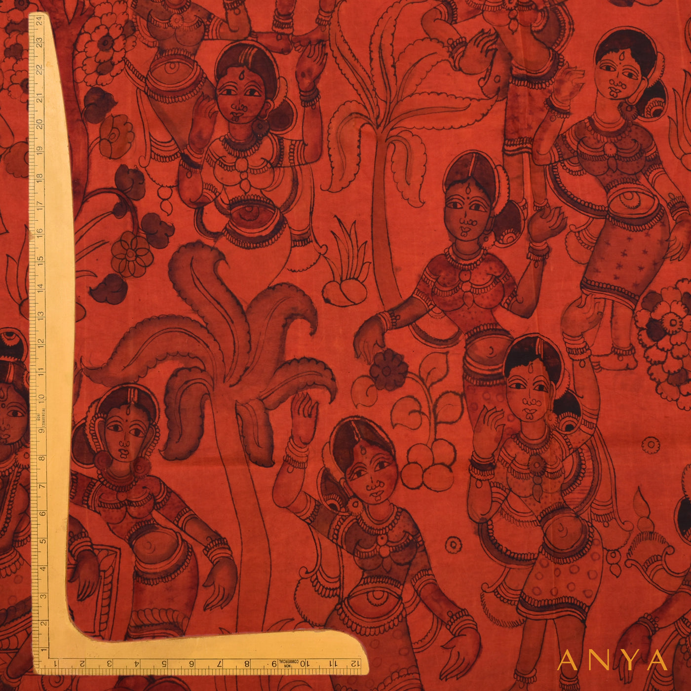 Rust Pen Kalamkari Kanchi Silk Fabric with Dancing Doll Design