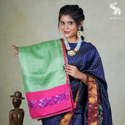 Apple Green Small Zari Checks Tussar Silk Saree with Rani Arakku Kanchi Silk Kutch Work Blouse