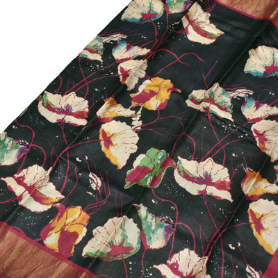 Black Tussar Silk Saree with Floral Printed Design