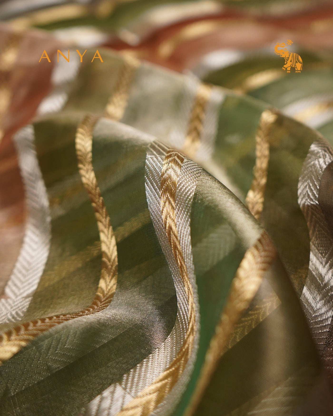 Green and Silver Organza Tissue Fabric with Zari Stripes Design