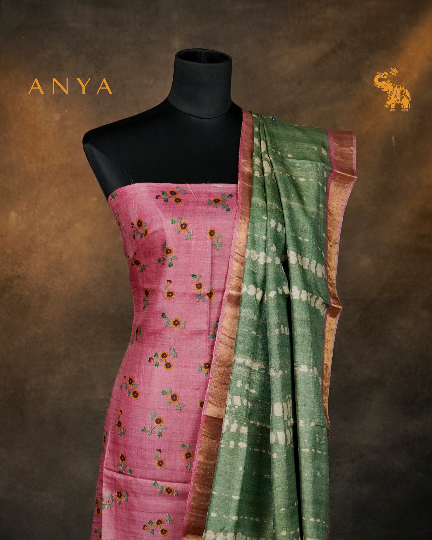 Onion Pink Floral Print Tussar Silk Salwar with Olive Green Shibori Print Design