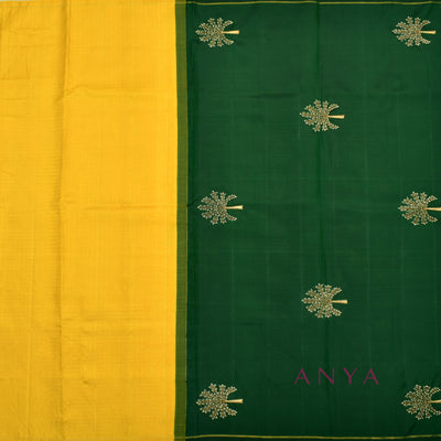 Mustard Zari Checks Kanchi Silk Saree with Bottle Green Tree Embroidery Pallu and Blouse