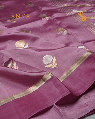 Lavender Satin Silk Banarasi Saree with Floral Zari Motifs Design