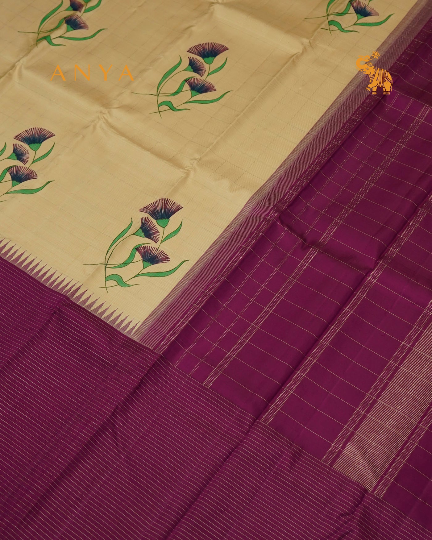 Off White Hand Painted Kanchi Silk Saree with Zari Kattam and Floral Painted Design