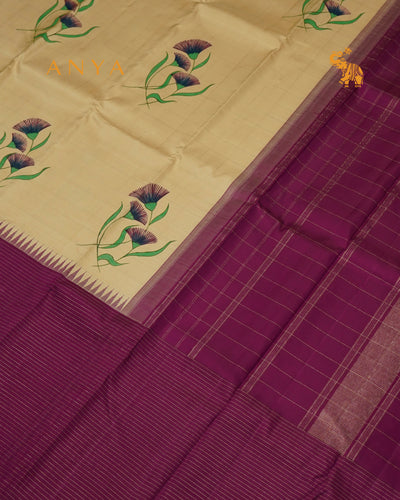 Off White Hand Painted Kanchi Silk Saree with Zari Kattam and Floral Painted Design