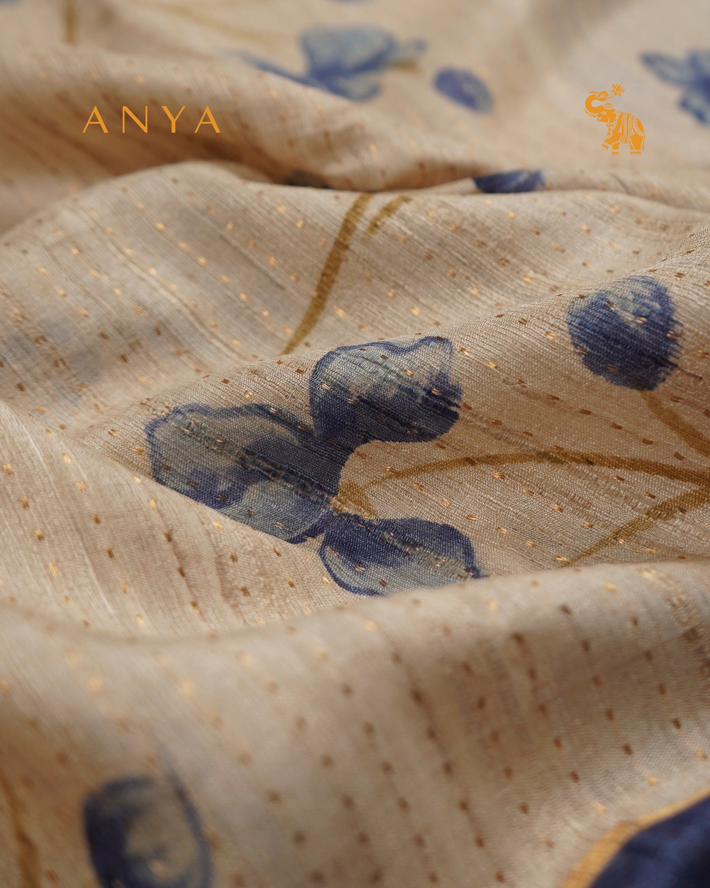 Off White Tussar Silk Saree with Floral Print and Small Dots Design