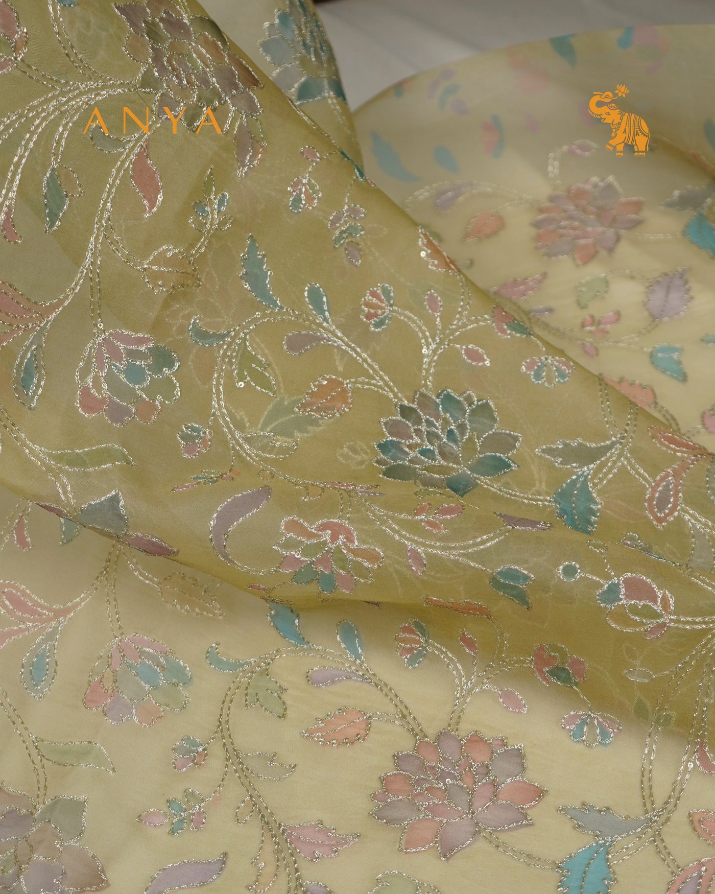 Light Yellow Organza Fabric with Floral Embroidery Design