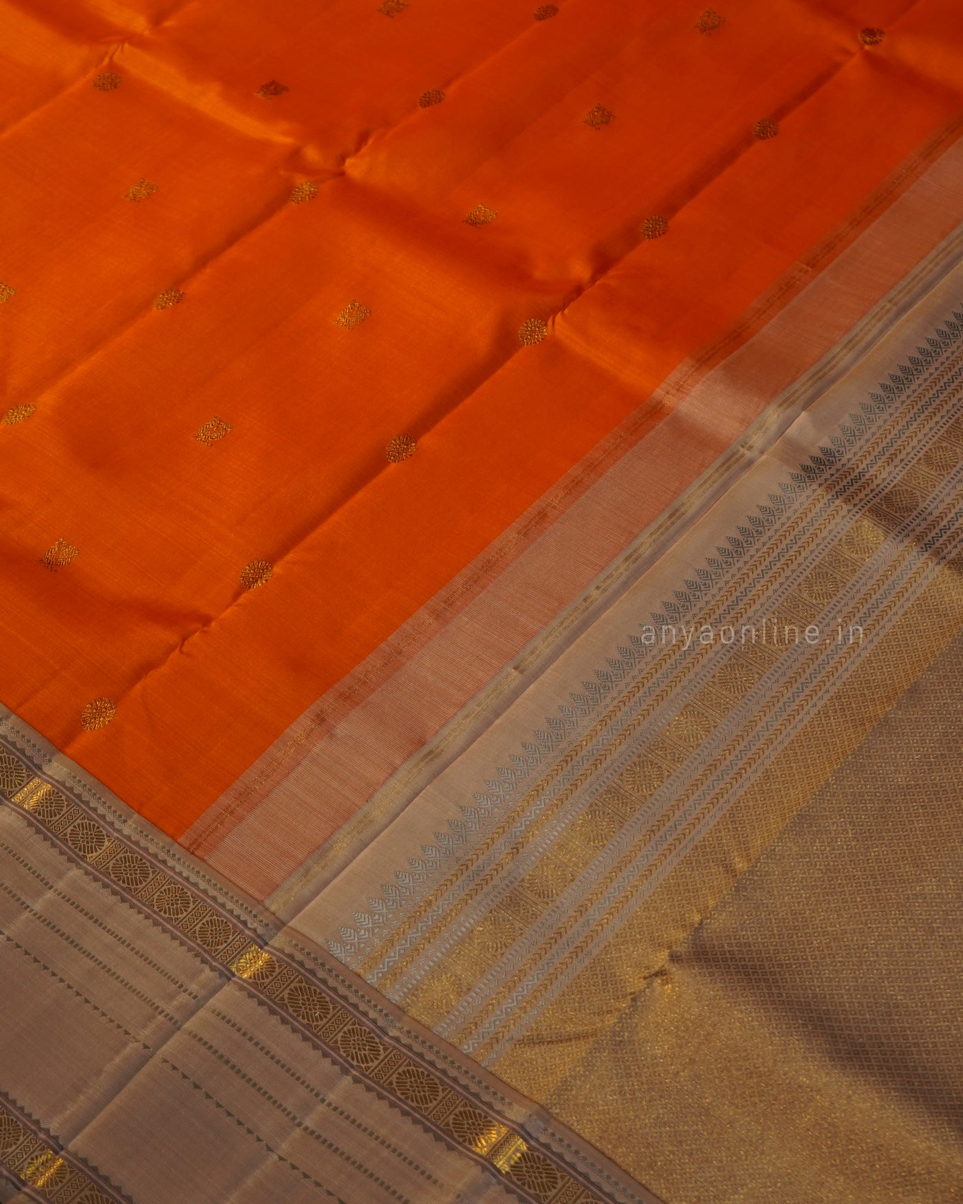 Milagai Orange Kanchi Classic Saree with Annam Butta Design