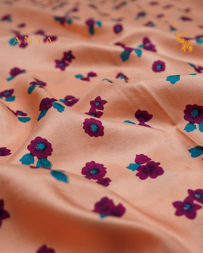 Peach Printed Kanchi Silk Fabric with Floral Printed Design