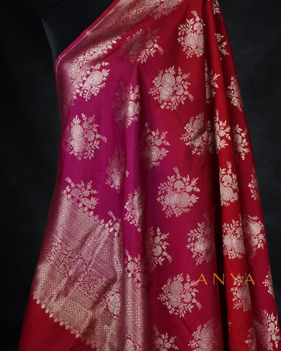 Red Banarasi Silk Dupatta with Floral Zari Butta Design