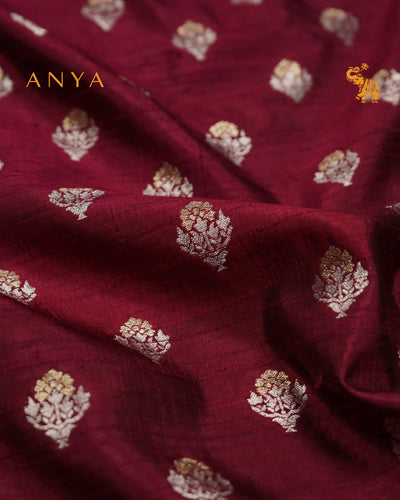 Maroon Banarasi Tussar Raw Silk Fabric with Flower Butta Design