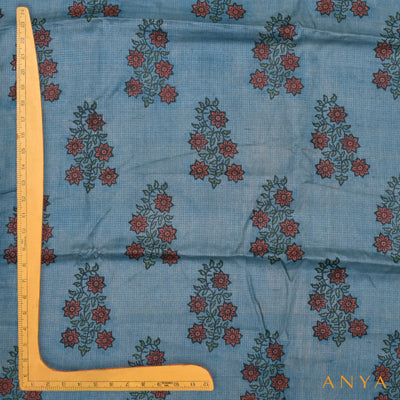 Indigo Blue Tussar Silk Fabric with Kalamkari Print Design