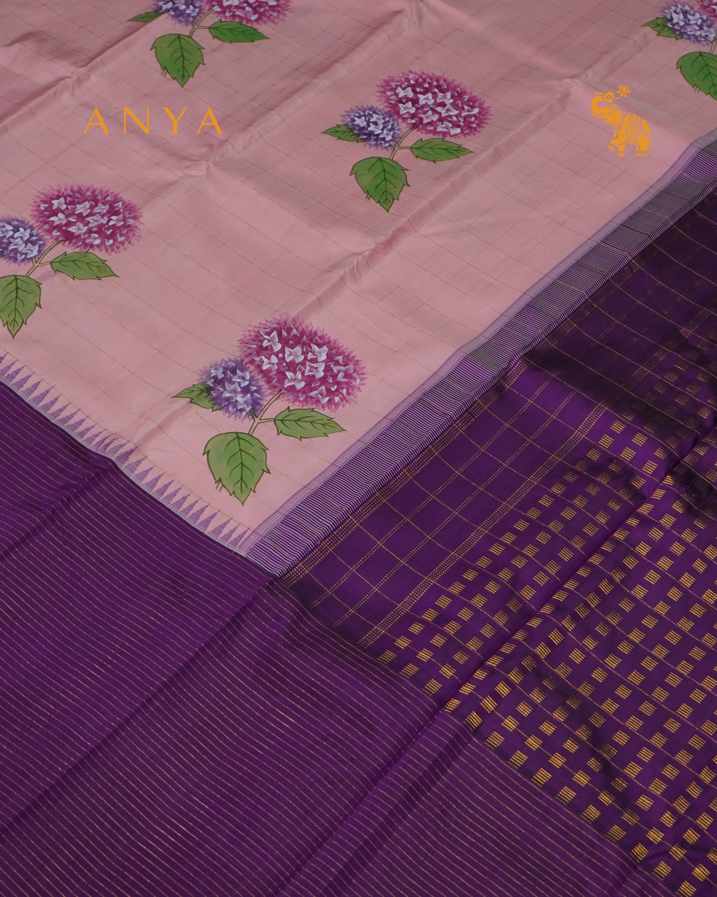 Baby Pink Hand Painted Kanchi Silk Saree with Zari Kattam and Flower Painted Design