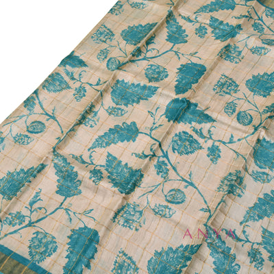 Off White Tussar Silk Saree with Leaf Print and Zari Checks Design