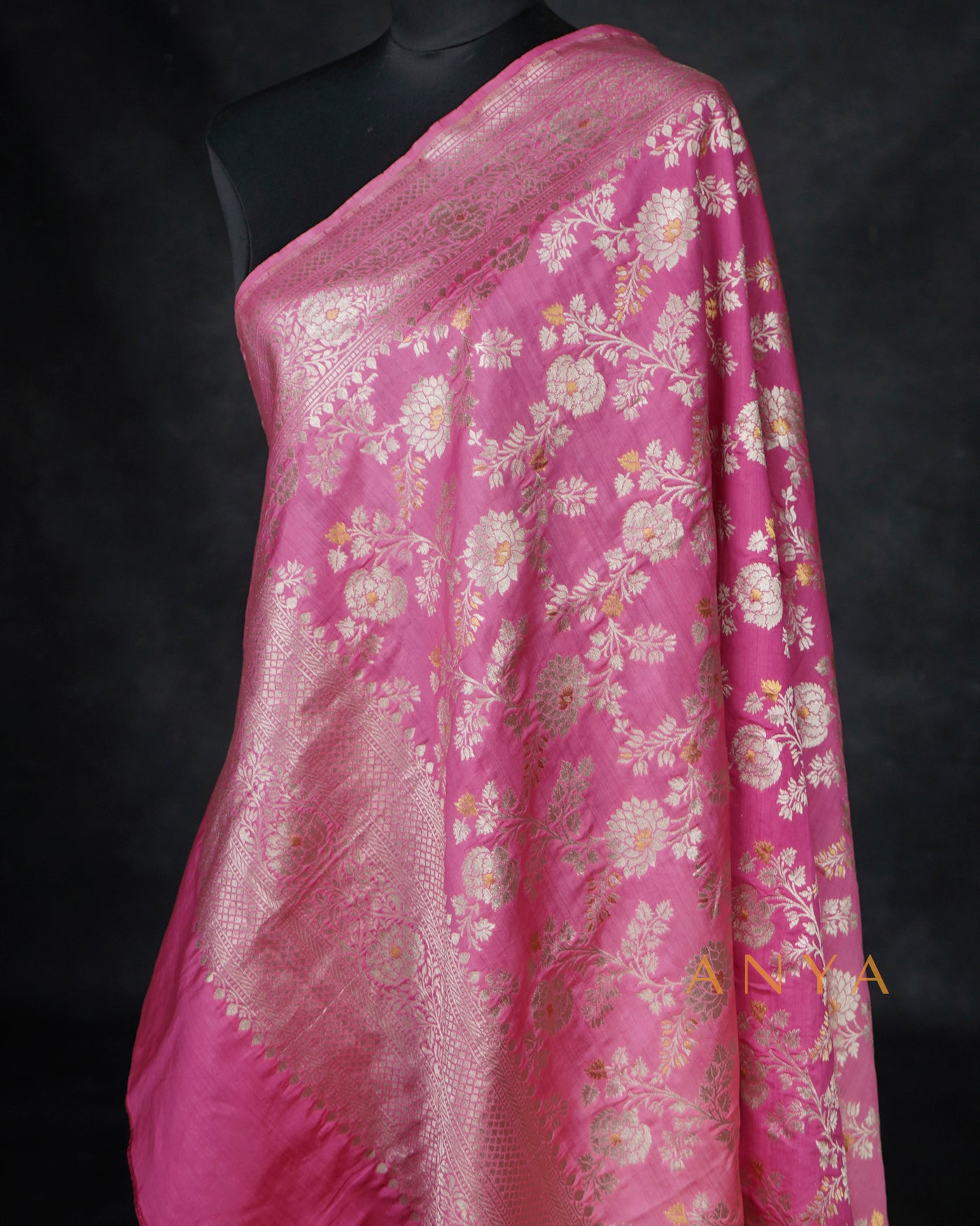 Lotus Pink Banarasi Silk Dupatta with Floral Zari Creeper Design