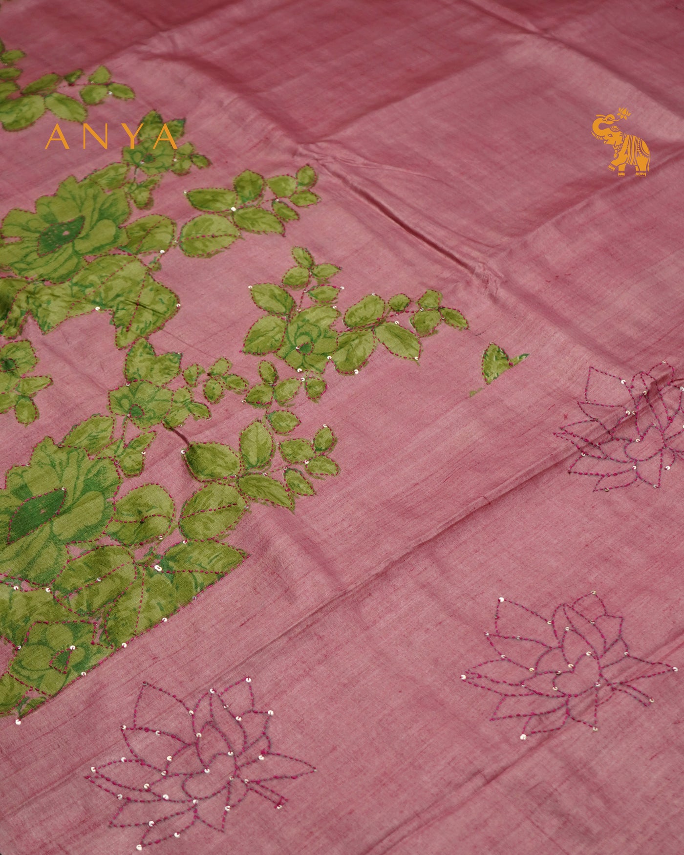 Onion Pink Tussar Silk Saree with Floral Kantha Work Design