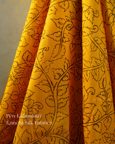 Mustard Pen Kalamkari Kanchi Silk Fabric