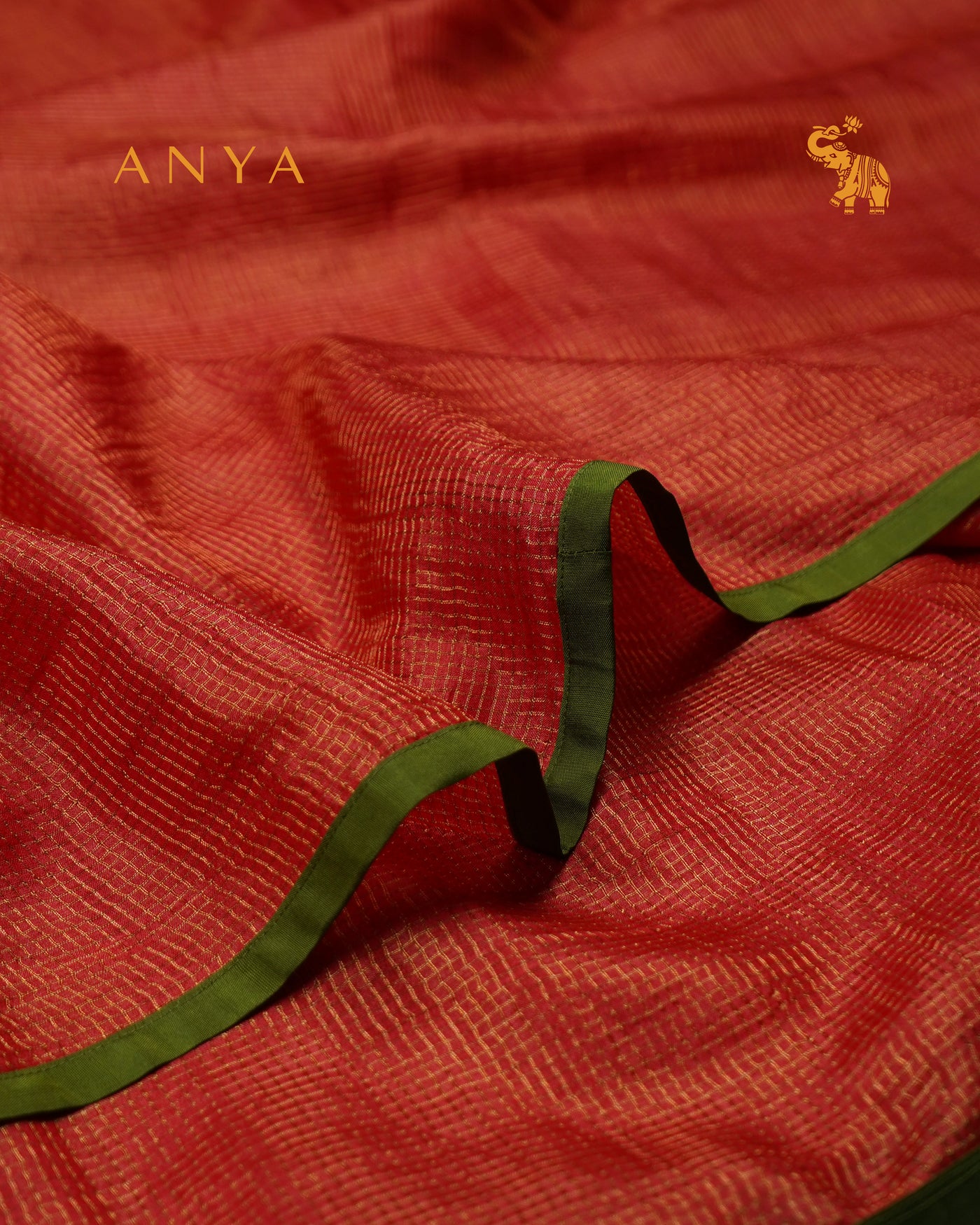 Red Zari Checks Tussar Silk Saree with Chutney Green Kanchi Silk Getti Self Pallu