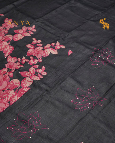 Black Tussar Silk Saree with Floral Kantha Work Design