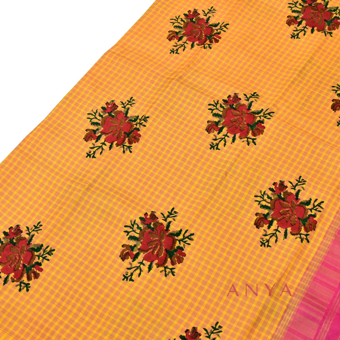 Mustard Printed Kanchi Silk Saree with Small Checks and Floral Design