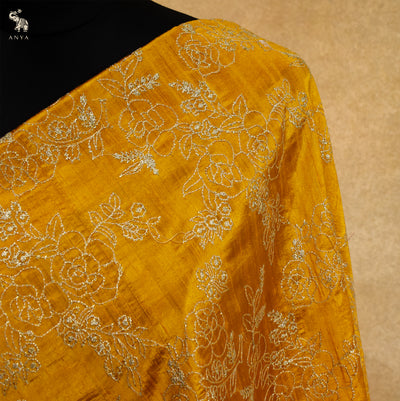 Oil Mustard Tussar Raw Silk Embroidery Fabric