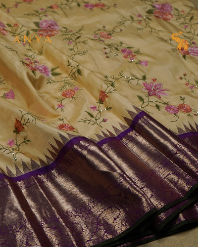 Off White Kanchi Silk Saree with Floral Embroidery Design