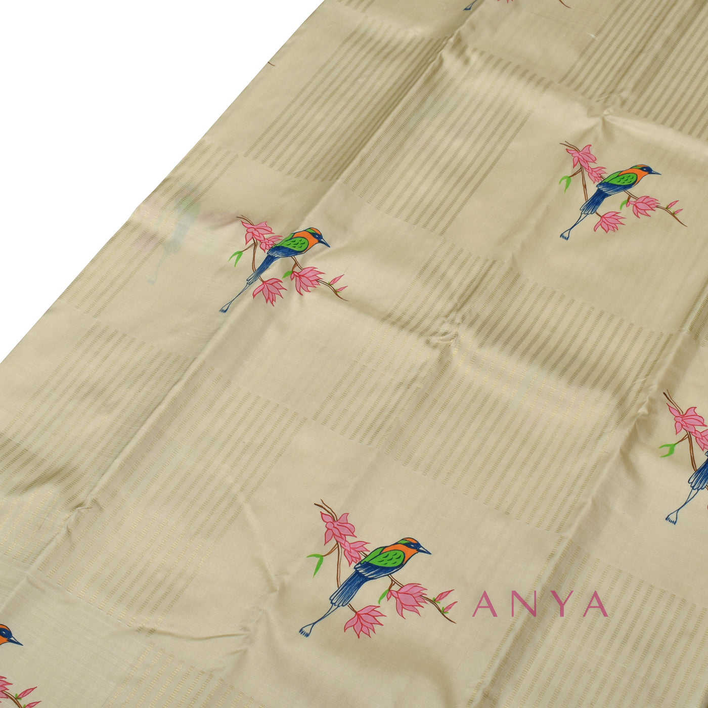 Off White Hand Painted Kanchi Silk Saree with Bird Painted and Zari Box Design