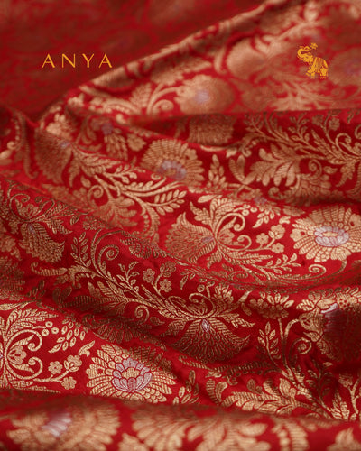 Red Banarasi Silk Saree with Floral Creeper Design