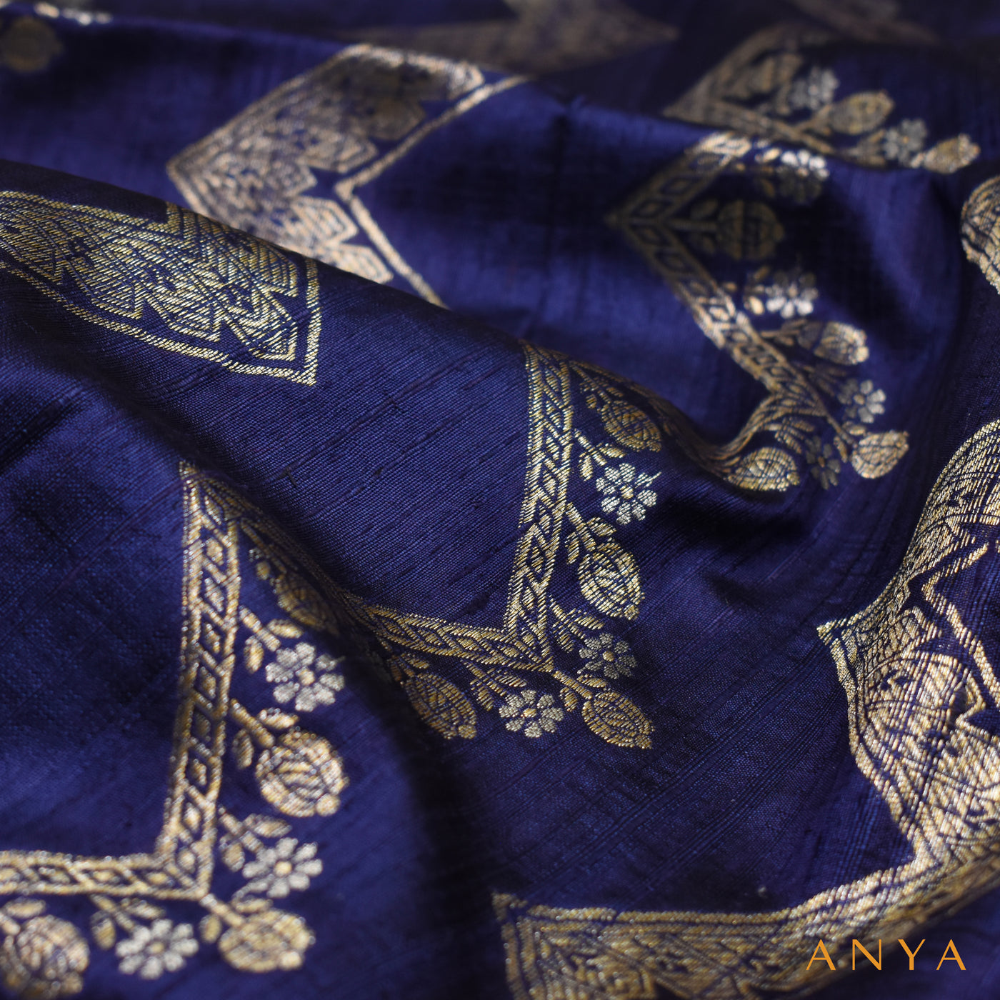 Navy Blue Banarasi Tussar Raw Silk Fabric with Zig Zag Design