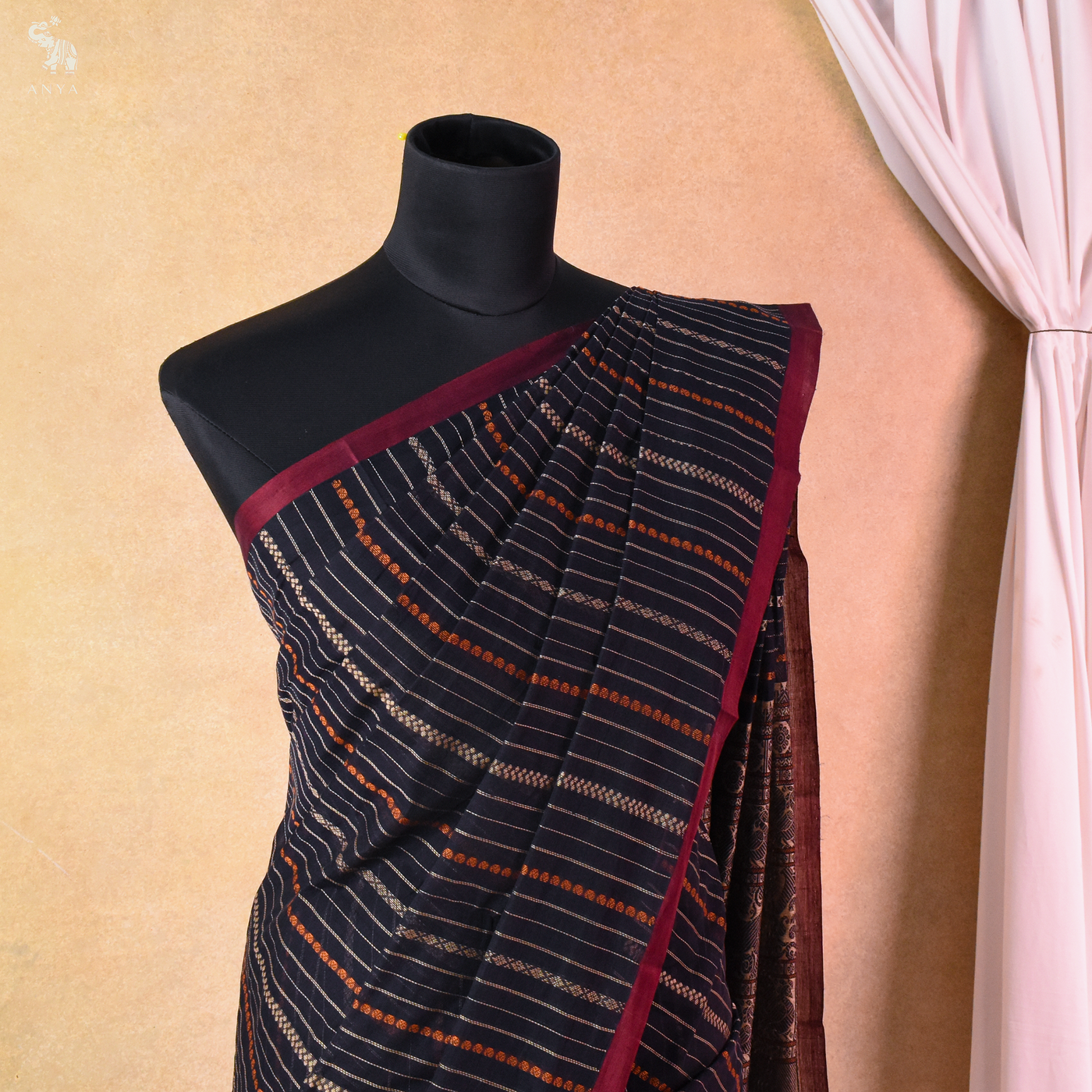 Navy Blue Kanchi Cotton Saree with Vertical Thread Stripes Design