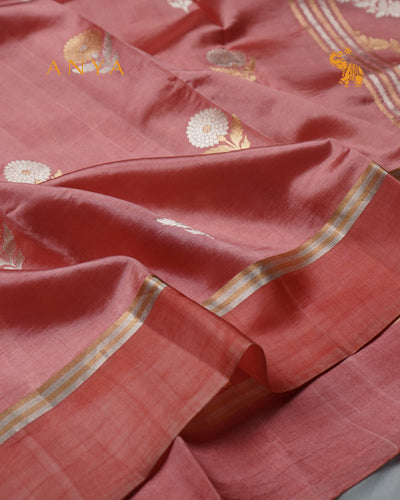 Peach Satin Silk Banarasi Saree with Floral Zari Motifs Design