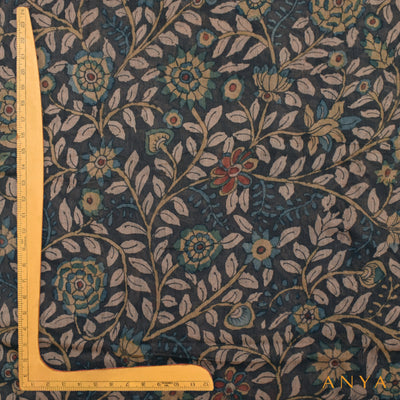 Black Tussar Silk Fabric with Kalamkari Design