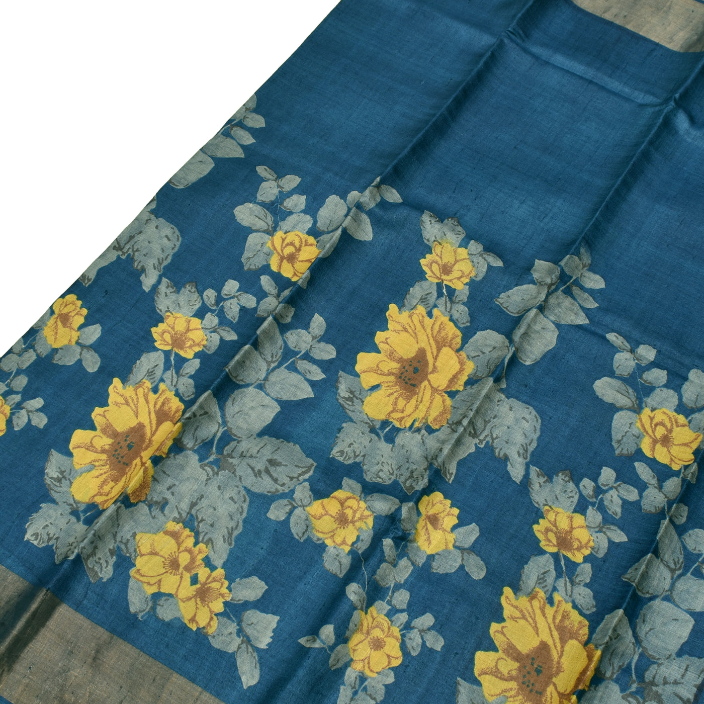 Indigo Blue Tussar Silk Saree with Floral Printed Design