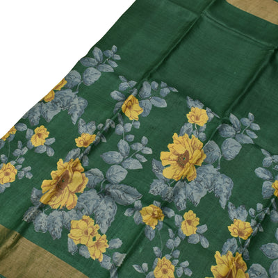 Bottle Green Tussar Silk Saree with Floral Printed Design