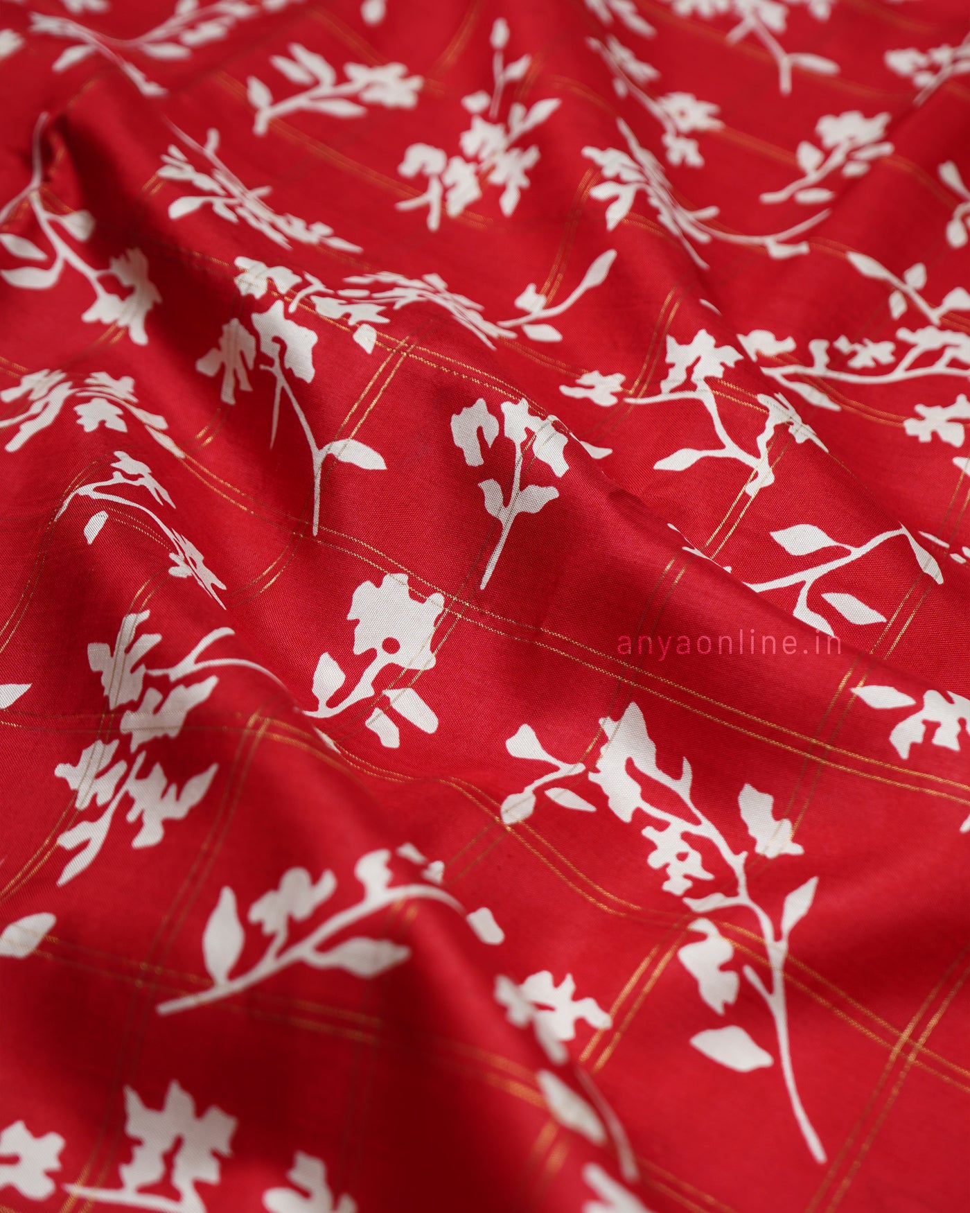 Red Printed Kanchi Silk Saree with Floral Print and Zari Checks Design